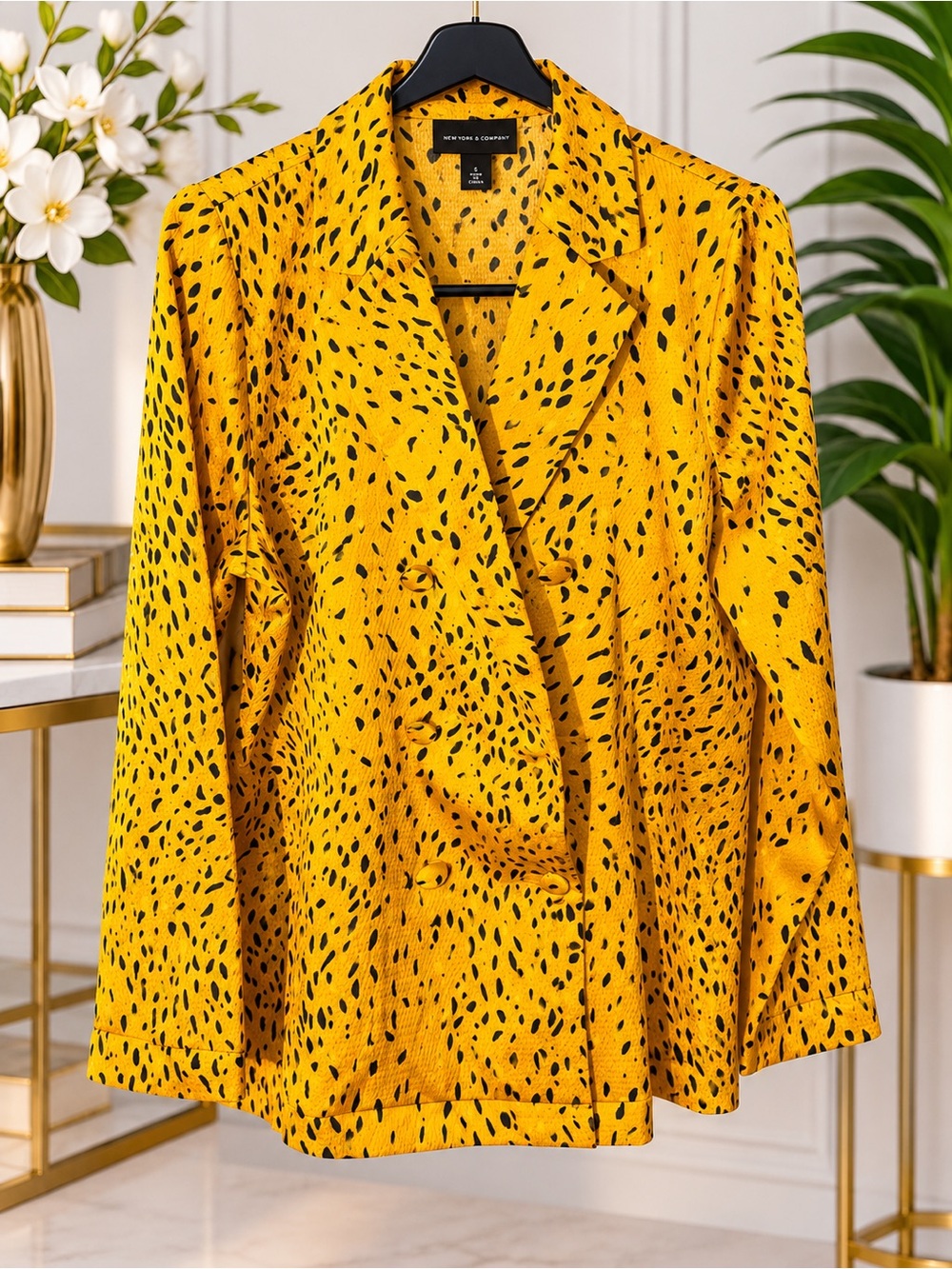 Who What Wear Yellow and Black Printed Double-Breasted Blazer